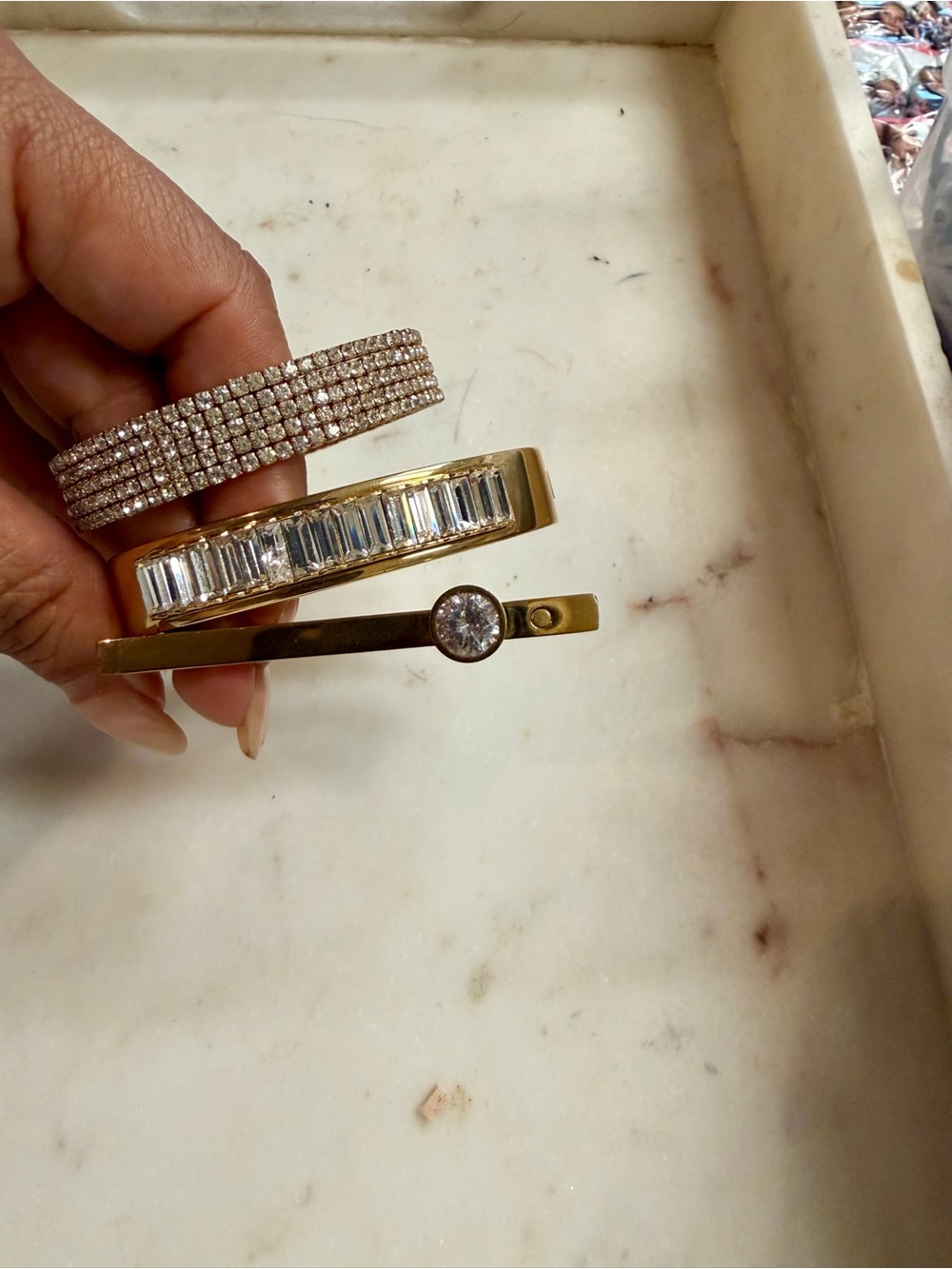 Set of Three Gold and Crystal Bangle Bracelets - Costume Jewelry.
